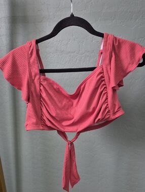 Ribbed Coral Pink Tie-Back Bikini Top